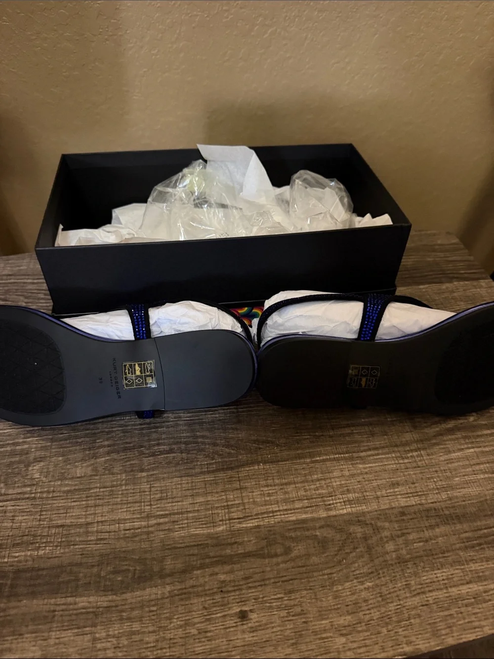 Kurt Geiger Royal Blue Crystal Thong Sandals with Gold Crest
